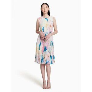 Calvin Klein Dress Pink White Floral Print Pleated Belted A Line Dress Sz 10 NWT